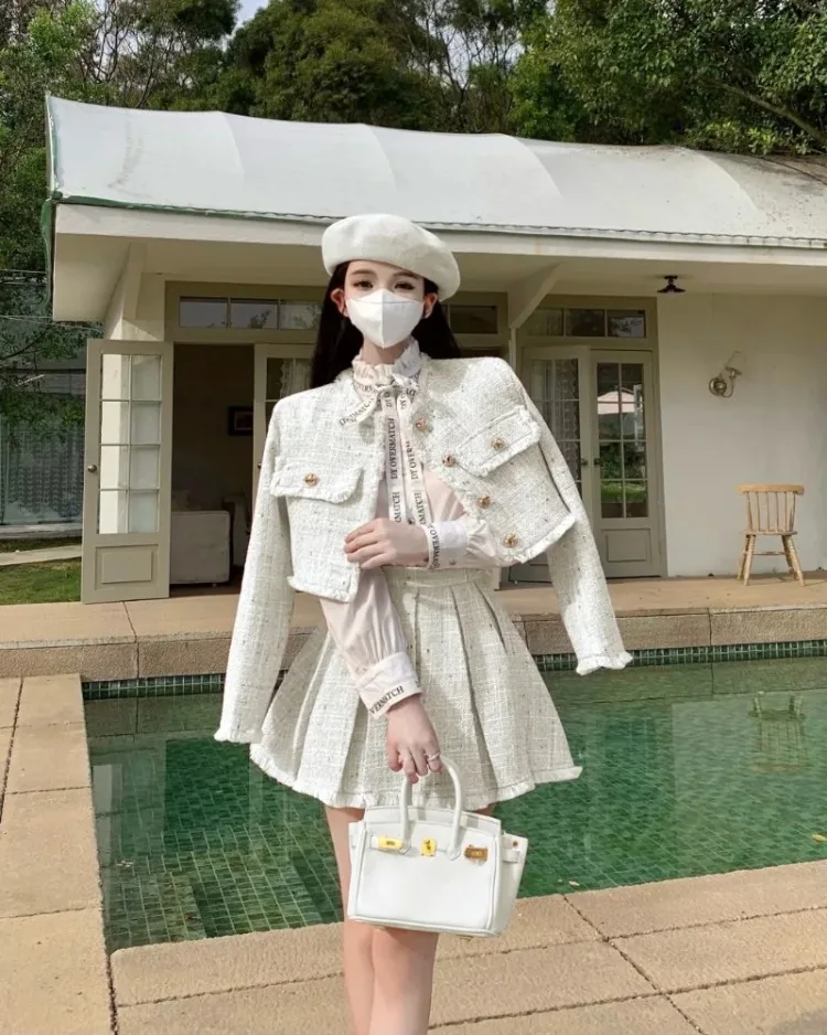 Spring New Ribbon Shirt Short Coat High Waist Pleated Skirt Chic Tweed Jacket 3 Piece Sets 2024 Autumn Winter Top
