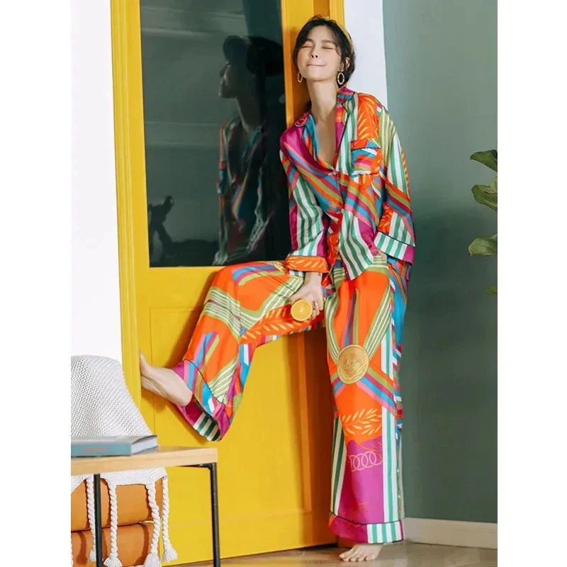 

12811-1High-end pajamas women's spring and autumn ice silk thin silk two-piece set new fashion can go out printing homewear suit