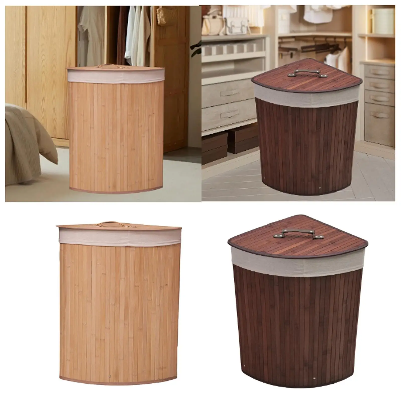 Corner Bamboo Laundry Hamper with Handle Foldable Towels Bin and Removable Liner for Apartments Closet Bathroom Hotel Playroom