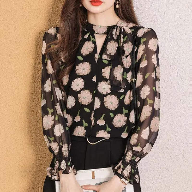 Female Clothing Broken Flowers Blouse Fashion Cut Out Round Neck Spring Long Sleeve Shirring Commute Elegant Bandage Bow Shirt