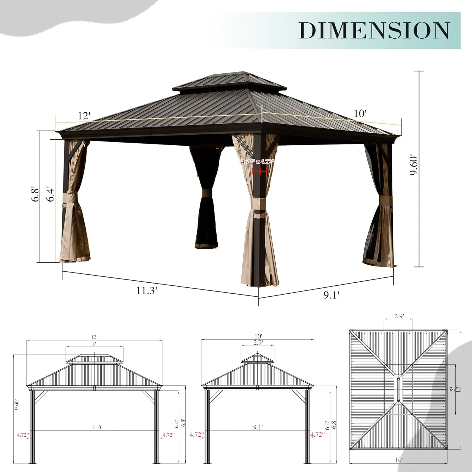 

Hardtop Gazebo Aluminum Frame Heavy Duty Pavilion for Patio Deck Backyard Curtain & Netting Included, Custom