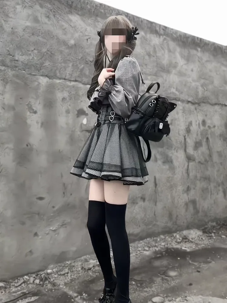 Lizlisa Japanese Style Long Sleeve Waist Cinched Lace Outfit Set High Waist Plaid Skirt Two Piece Set Subculture Spring Autumn