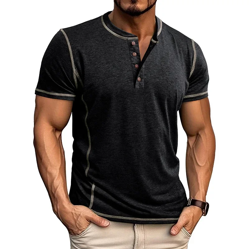 Summer Europe and The United States Men's Short Sleeve Henry Shirt Fashion Business and Casual Short Sleeve Men's T-shirt Top