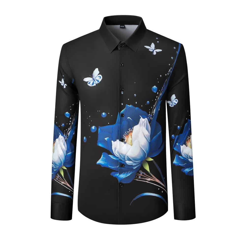 Luxury 3D Floral Print Rhinestone Long Sleeved Shirt for Men Elastic Casual Business Dress Shirt Social Banquet Men's Clothing