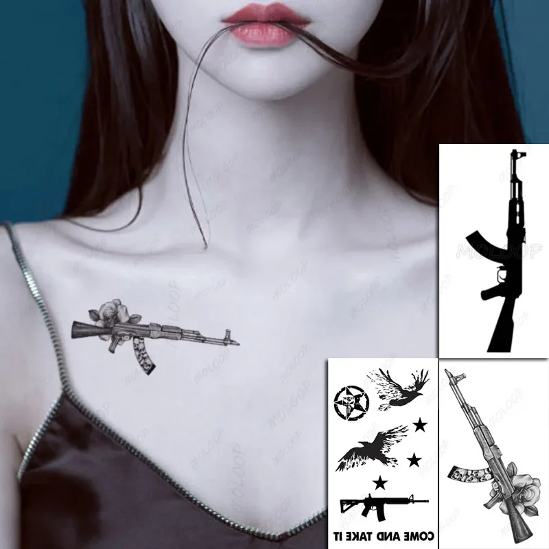 Black Pattern Chest Neck Arm Temporary Tattoo Sticker Gun Rose Flower Waterproof Tatto Skull Totem Body Art Fake Tatoo Men Women