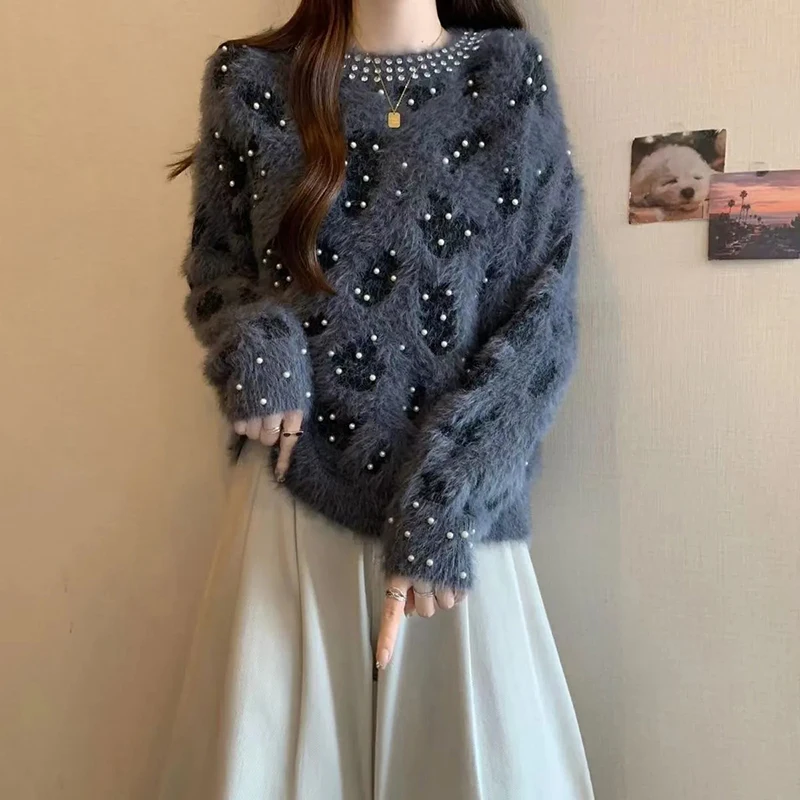 Suéter de mujer de imitación de piel de visón, con diseño de perlas y diamantes, cuello redondo, corte holgado, ideal para el invierno, prenda de abrigo cálida.