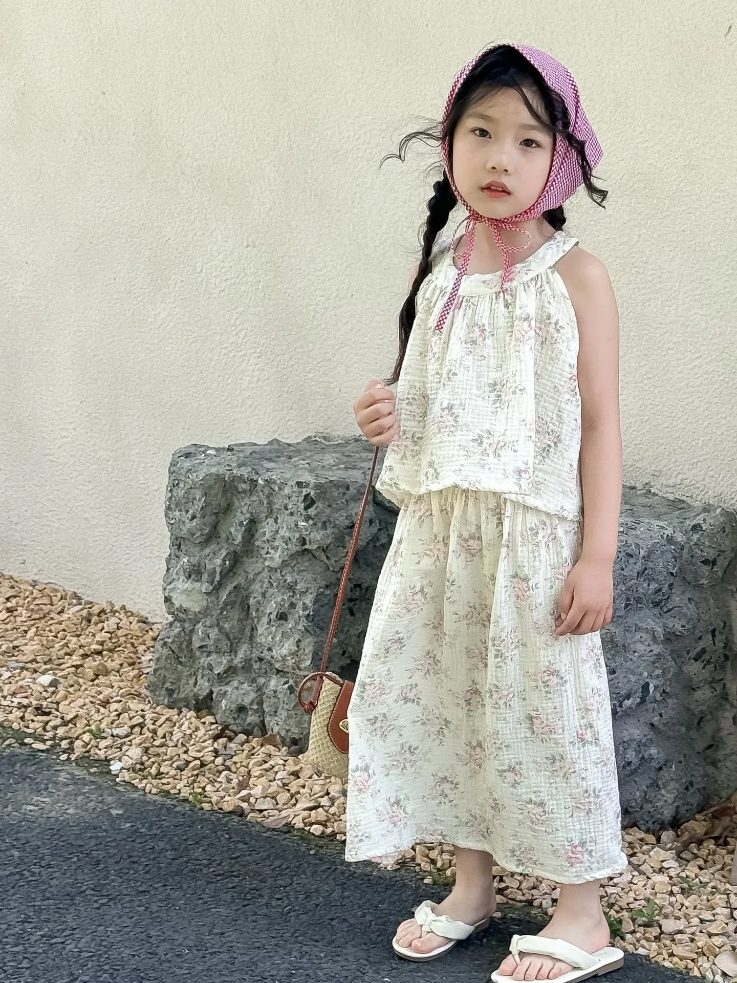 

Girls Skirt 2025 Summer New Childrens Clothing Korean Style Girls Baby Cotton Yarn Suspender Floral Long Dress Two Sets