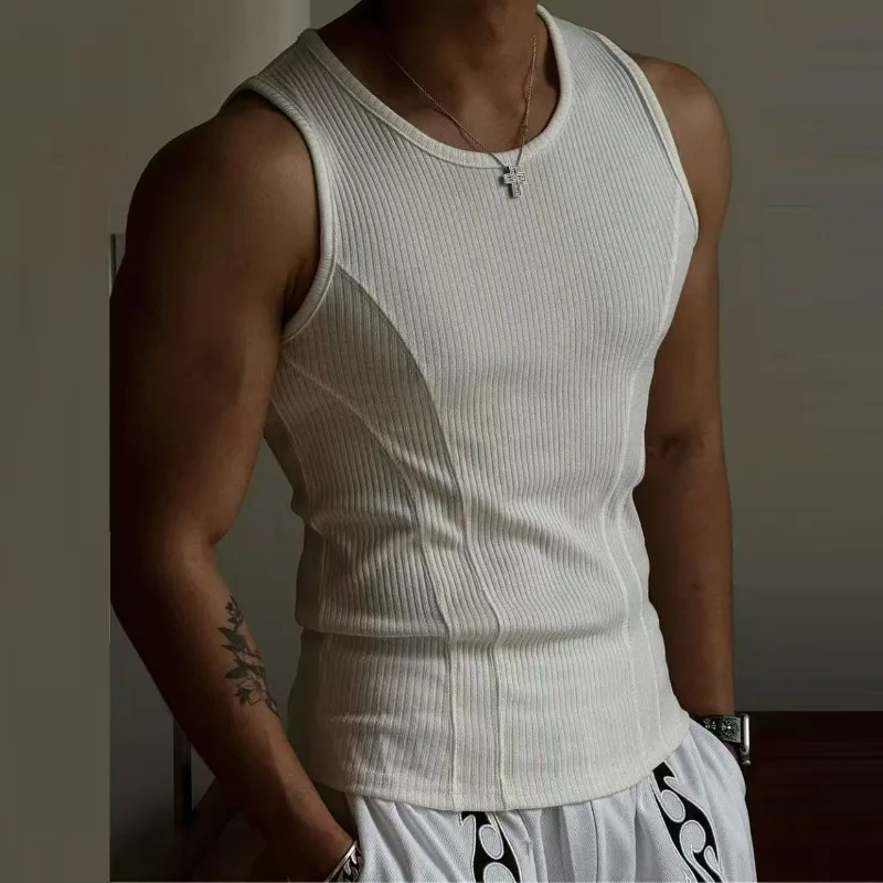 KIDWHXR Summer Men Vest American Slim Knitted Breathable Male Top Simple Round Neck Sleeveless Fitness Sport Casual Man Tees