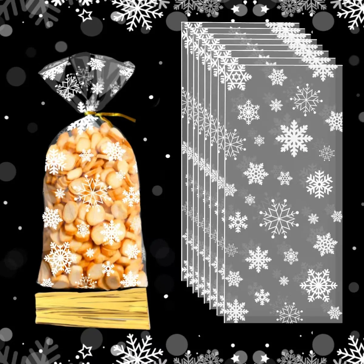 

50pcs Christmas Gift Bag White Snowflakes Opp Bag Merry Christmas Party Decoration Children's Gift Snacks Cookies Candy Bag