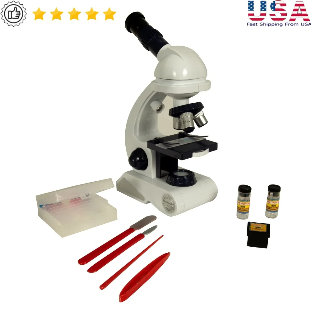 

Youth Educational Microscope 450X Magnification STEM Science Kit with 8 Slides 4 Tools Adjustable Lights Kids Age 8 and Up