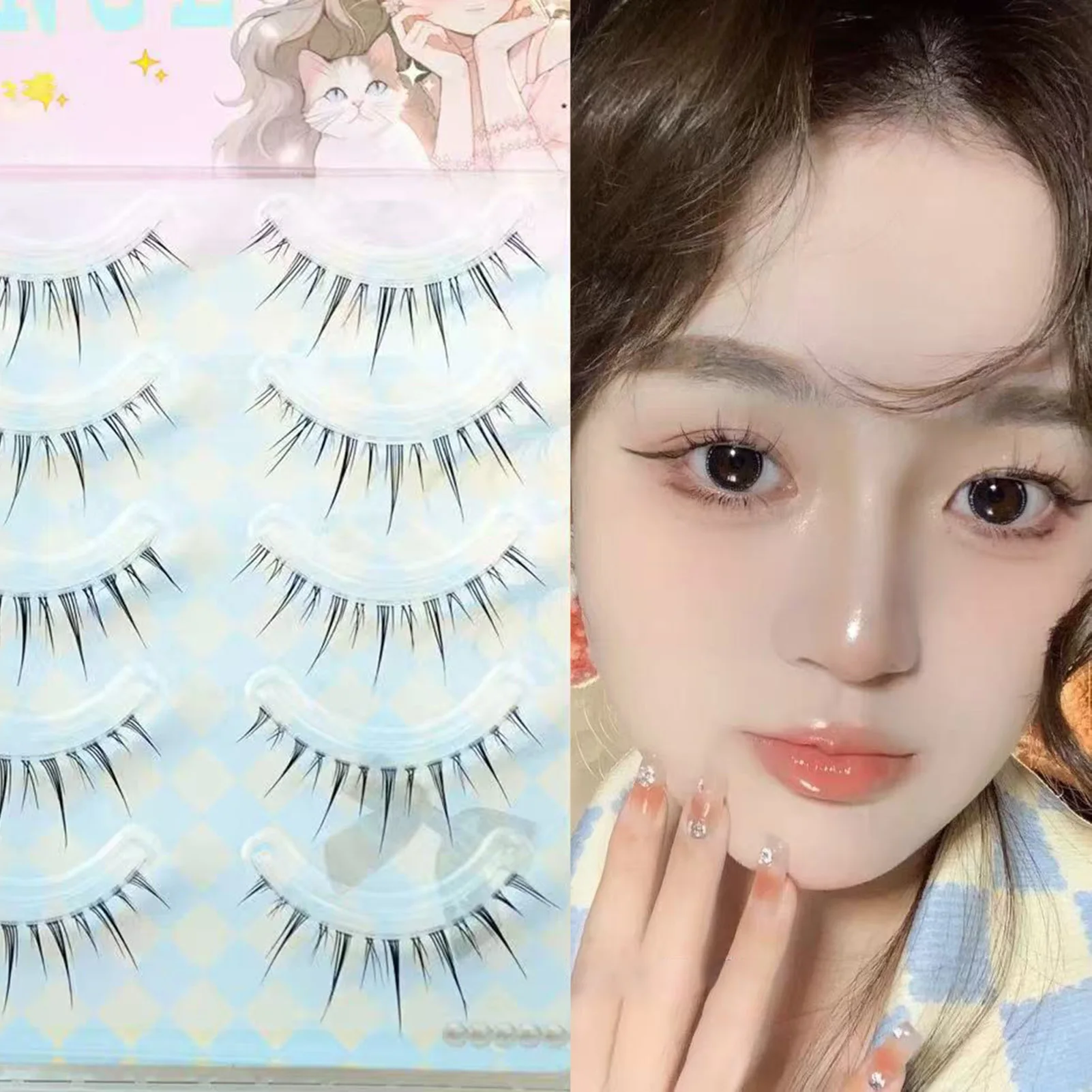 Tiras de pestañas Manga, banda transparente DIY, pestañas finas, Kit de extensión de pestañas de aspecto realista para maquillaje de viaje de fiesta diaria