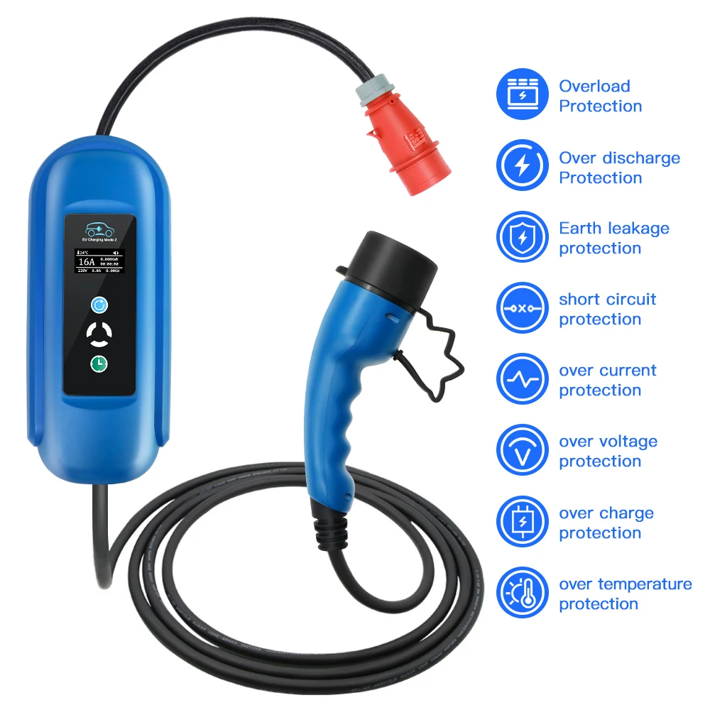 Kolanky Portable EV Charger 11KW 3P Type 2 IEC-62169 Adjust Current Timer Charging For EU Hybrid Eletric Vehicle Cars 5M Cable