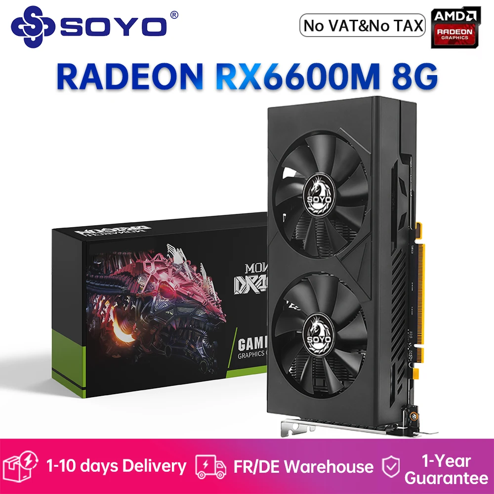 Tarjeta gráfica SOYO AMD Radeon RX6600M 8G, memoria GDDR6, tarjeta GPU de 128 bits, Compatible con HDMI, DP DirectX 12 para ordenador de escritorio y juegos