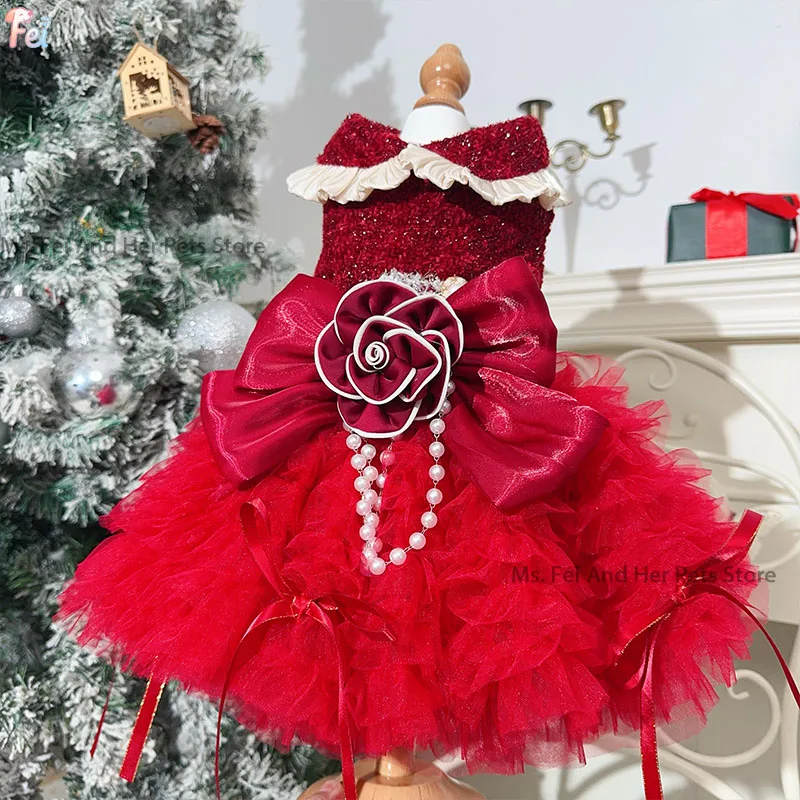 

New Luxury Purple Red Puppy Clothing Pure Handmade Fashion Lace Pearl Bow Dresses For Small Medium Dog Chihuahua Pet Dog Clothes