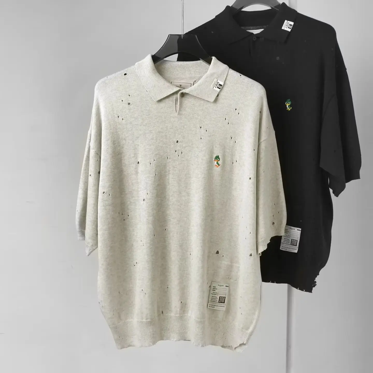 Men Distressed Ripped Knit Polo Shirt Breathable Loose Fit Vintage Washed Pullover Tops Male Daily Casual Streetwear Outfits