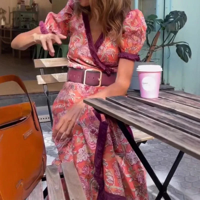 فستان نسائي صيفي طويل أنيق من Boho فستان صيفي بوهيمي مطبوع عليه زهور للشاطئ بأكمام قصيرة فساتين ماكسي للحفلات غير رسمية #2