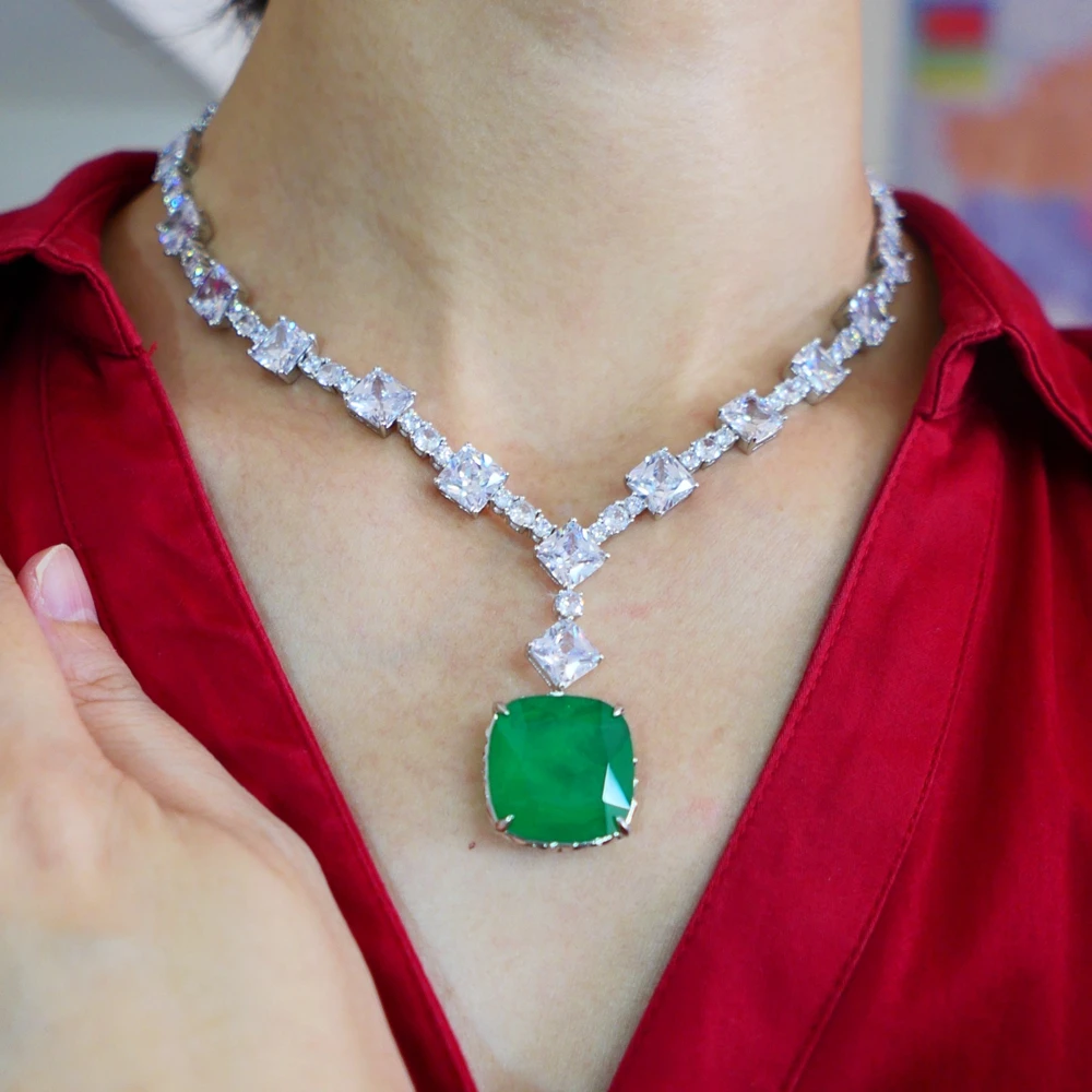 KQDANCE роскошный большой квадратный 20 мм лабораторный зеленый драгоценный камень Изумрудный Турмалин Бриллиантовая цепь для тенниса ожерелье серебряное позолоченное ювелирное изделие