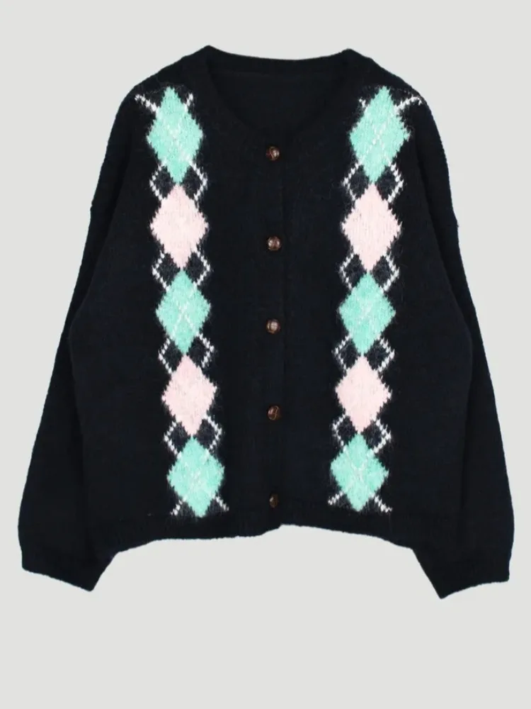 

JL винтажный круглый вязаный открытый кардиган цвета блузки с ромбовидным узором женский свитер весенне-осенний сезон онлайн эксклюзивный