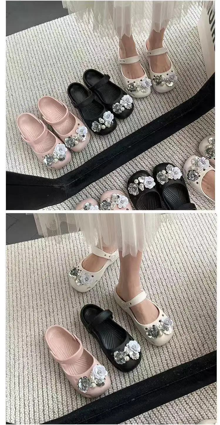 2026 Neue Sommer-Pantoffeln für Damen, Luxuriöse Perlen-Metall-Blumen-Designer-Ballettschuhe, Damensandalen für drinnen und draußen – Detail 10