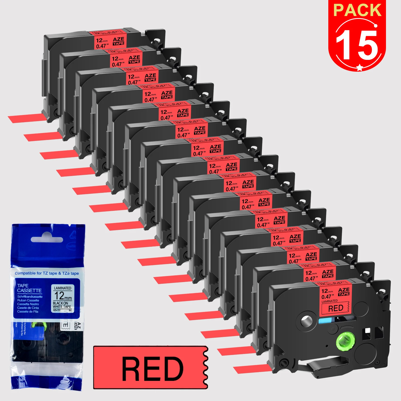 15PK Black on Red Label Tape Compatible for TZ TZe431 9/12/18/24mm Standard Laminated Ribbon for Brother P-Touch PT-D450 Printer