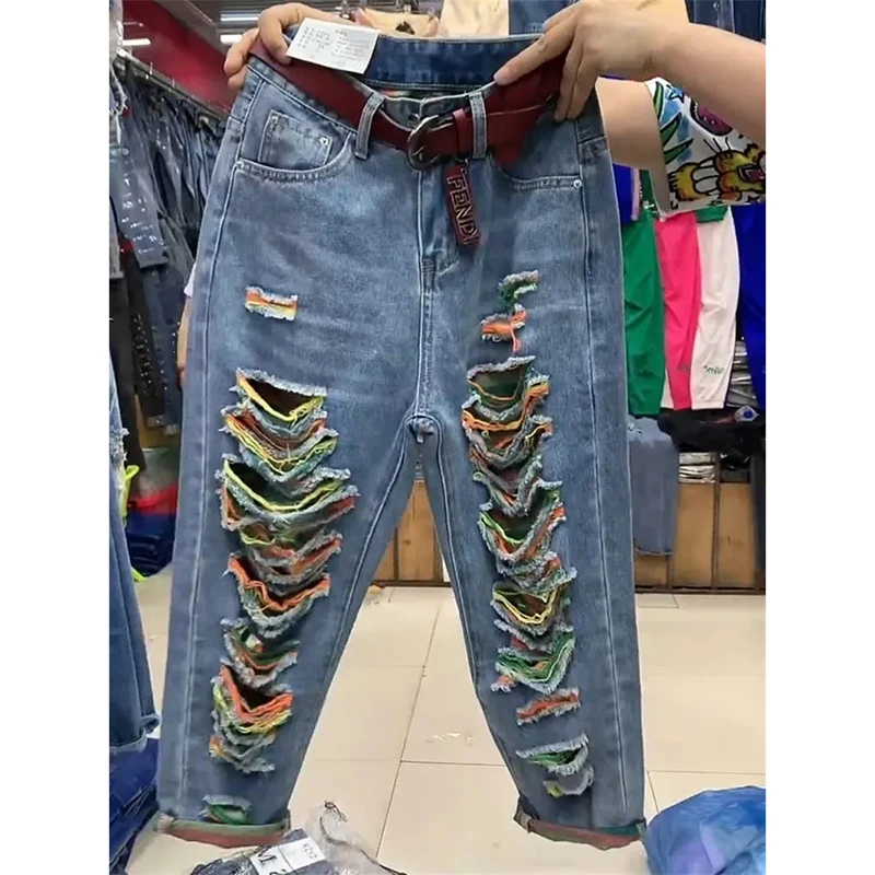 Pantalones rectos de mezclilla coreanos para mujer, pantalones de cintura alta con agujeros para primavera y verano 2025, pantalones vaqueros holgados informales a la moda para mujer salvaje