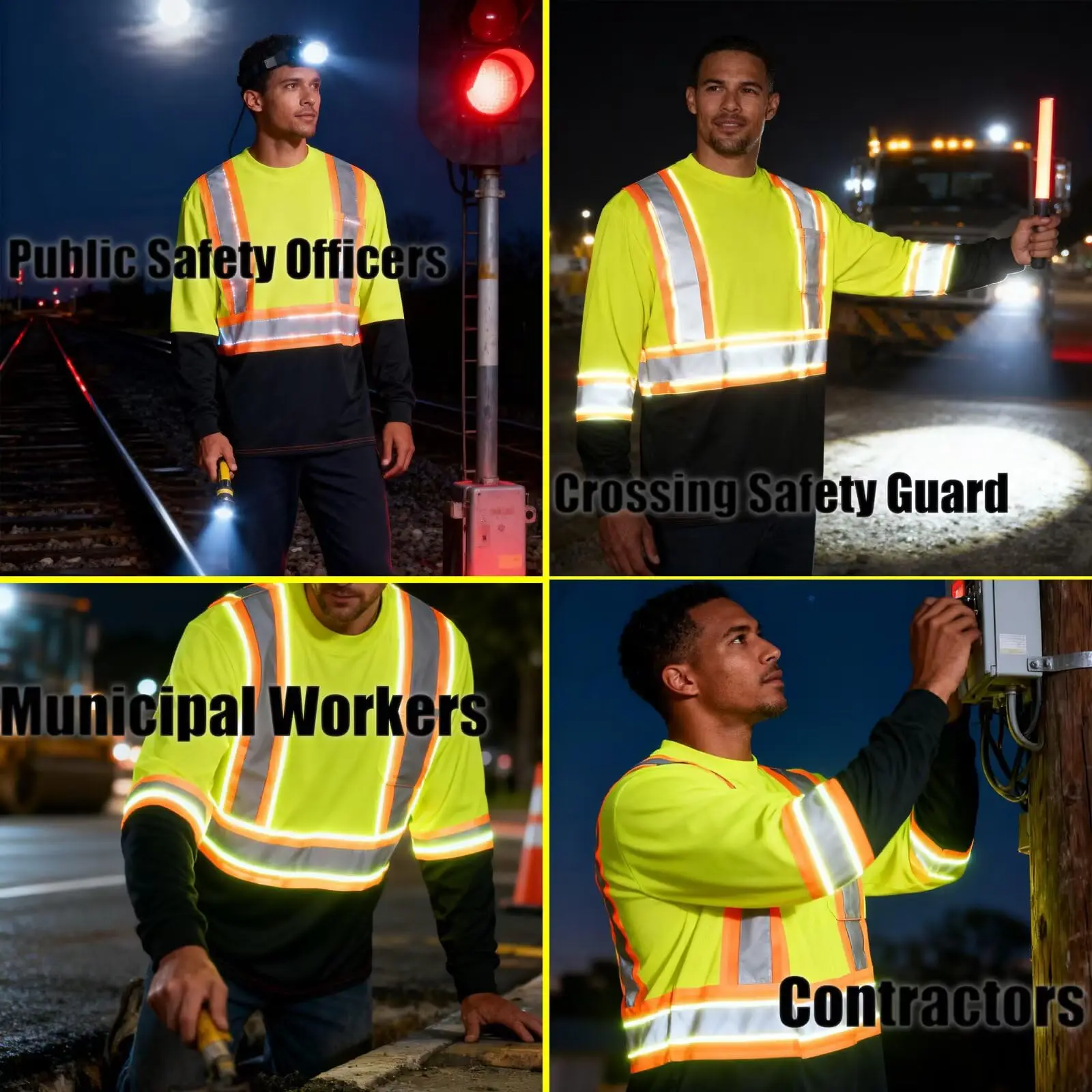 2 Pack Safety Long Sleeve T-shirt for Men High Visibility Shirts Hi Vis Construction Work Shirt Reflective Strips Quick Dry Long T-Shirt