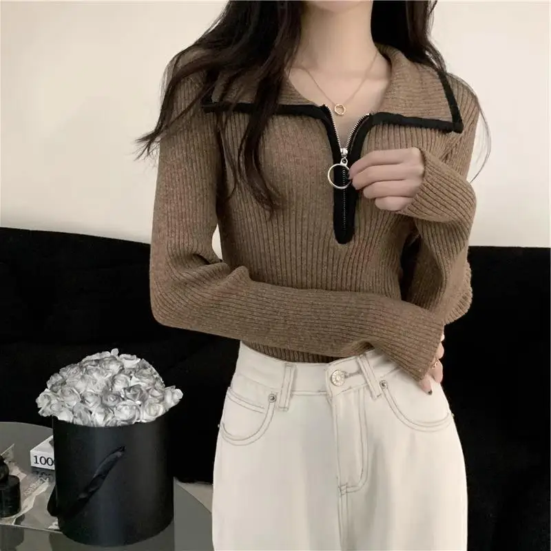 Color Blocking Half Zipper Lapel Sweater for Women Autumn and Winter Base Slim Fit and Slimming Knitted Sweater Top Women's