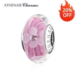 ATHENAIE 925 Sterling Silver Clear CZ Pink Magnolia Flower Charms Murano Glass Beads for Women Bracelet Necklace DIY Jewerly