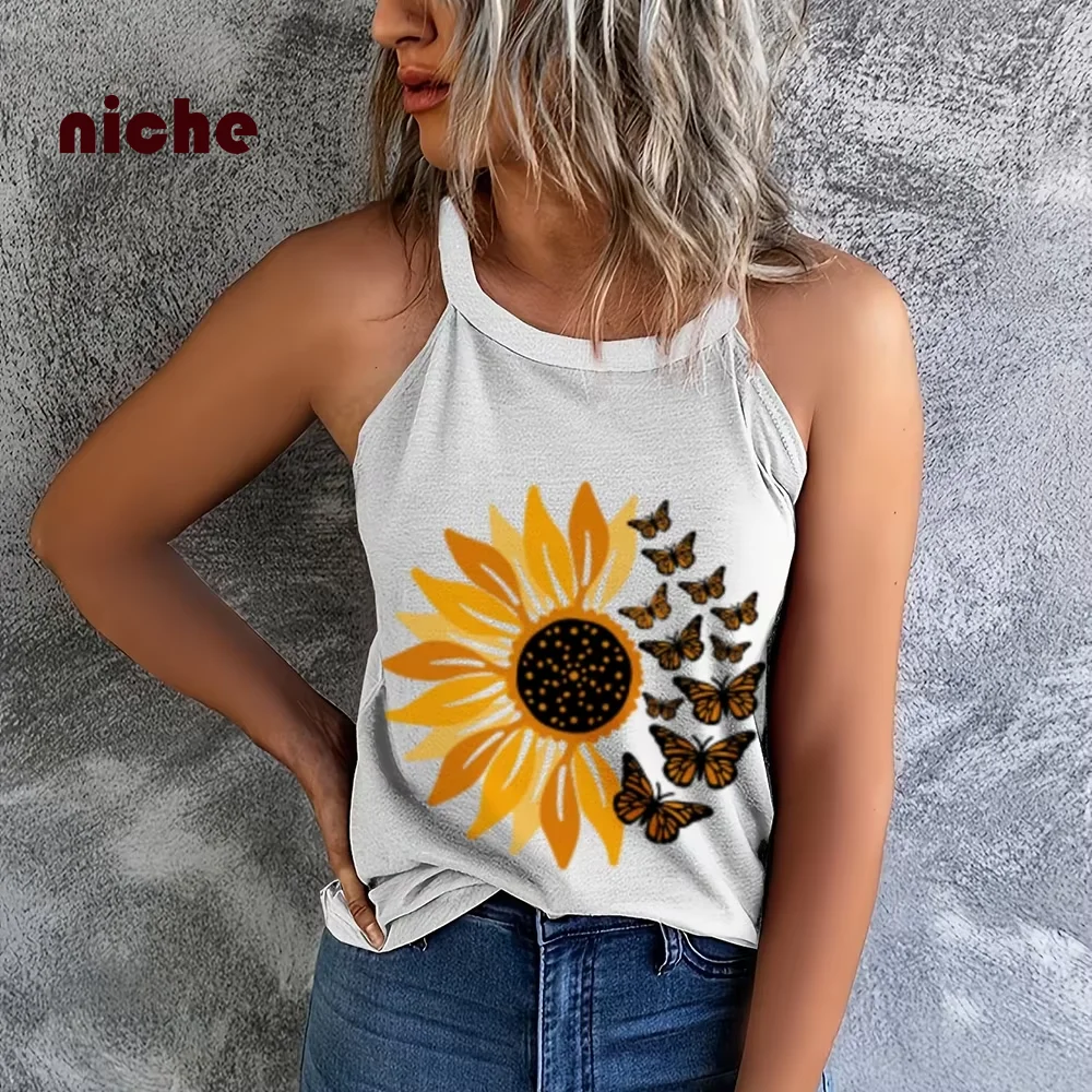 

Cotton Sling Vest High Quality Round Neck Loose Sunflower Butterfly Print Casual Designer New Trend Sleeveless Top