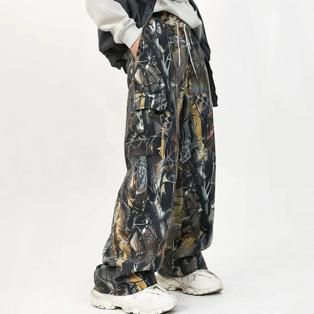 

Fashion Camouflage Printed Elastic Waist Wide Leg Pants Tree Branch Pattern Work Pants American Street Casual Floor Pants