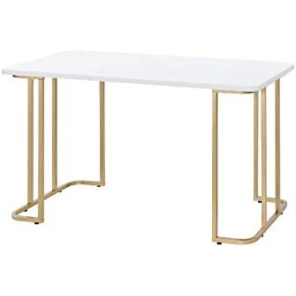 Contemporary Computer Desk Home Office Workstation Writing Table with Metal Tube Base,White and Gold Writing Desk