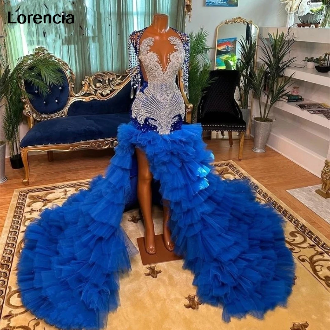 Customized Royal Blue Sequins Prom Dress For Black Girls Beaded Crystal Tassel Birthday Party High Slit Robe De Soiree YPD50