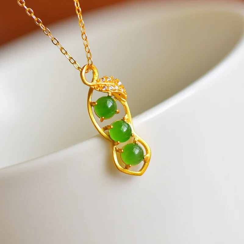 

S925 Silver Inlaid Natural Hetian Jade And Jasper Cabochon Hollow Lucky Bean Pendant Necklace Women