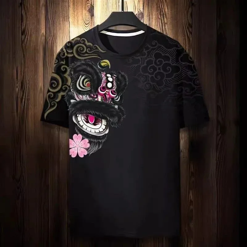 New Year T-shirt Chinese Lion Dance 3D Print Casual Street Round Neck Top Short Sleeve Loose T-shirt New Fashion Design
