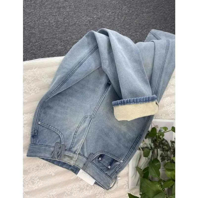 2025 Autumn  Winter New Style Plush Warm Straight Women Jeans   Light Blue High Waist Slim and Narrow Women Wide-leg Pants