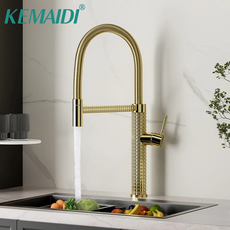 

KEMAIDI Commercial Kitchen Sink Faucet Pull Down Sprayer Brass Faucets for Kitchen Sink Deck Mounted Hot Cold Water Mixer Golden