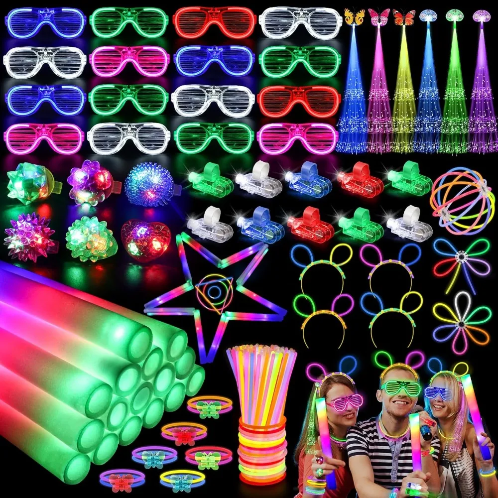 

170PCS Glow in the Dark Party Supplies, 16PCS LED Foam Sticks, 16PCS LED Glasses and 100PCS Glow Sticks Necklaces Bracelets Head
