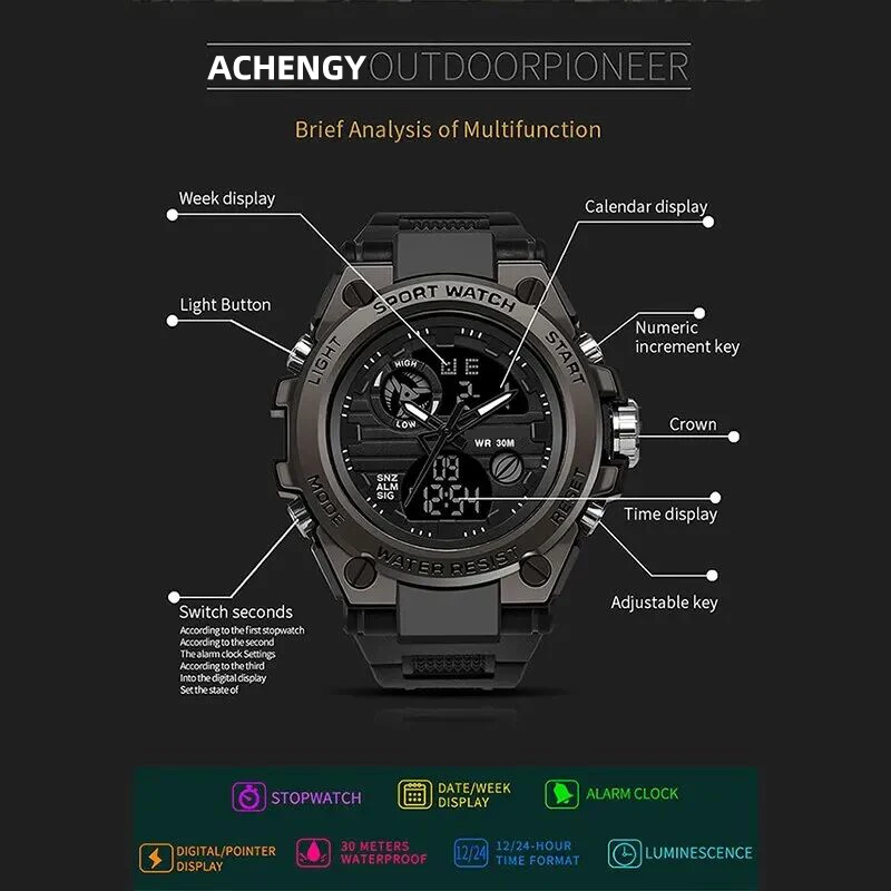 ACHENGY Boomerang Style Men Digital Watch Date Military Sports Watches Waterproof Electronic Wristwatch Mens Clock Masculino