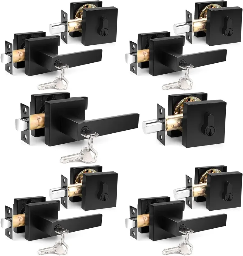 

Heavy Duty Square Entry Levers and Single Cylinder Deadbolts Combo Pack, Flat Black Keyed Alike Entry Door Locksets for
