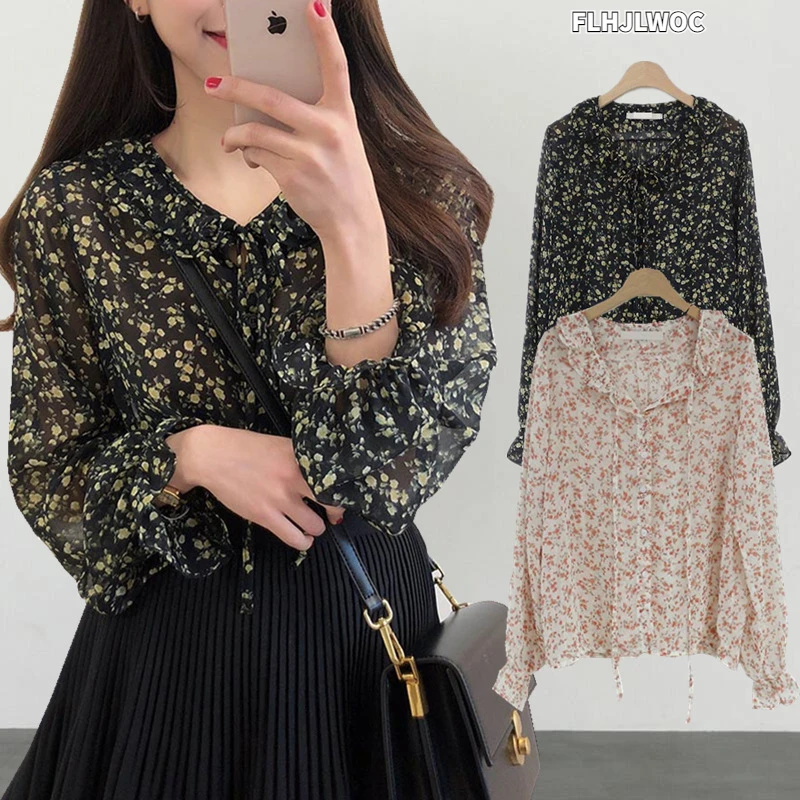 Vintage Korean Style Clothes Design Women Fashion Cute Flare Sleeve Chiffon Blouses Shirts Floral Printed Cute Bow Tie Tops