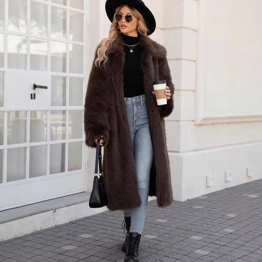 سترة نسائية طويلة من الفرو باللون البني بتصميم عتيق وياقة مقلوبة ملابس خارجية للسيدات من الفرو الاصطناعي ملابس شتوية منفوشة معطف فرو طويل للسيدات #2
