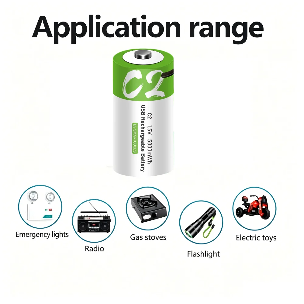 1.5V 5000mWh C Size LR14 Li-po Rechargeable Battery Type-C Ultra-Fast Charging for Flashlight Gas Cooker Electronic Piano Radios