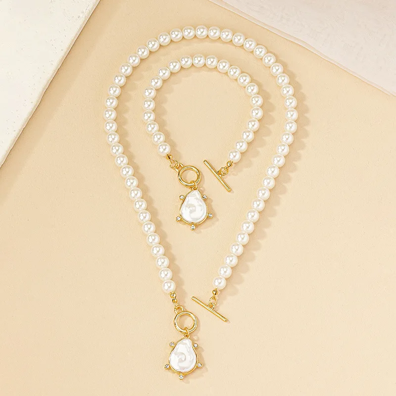 Irregular Imitation Pearl Pendant Bracelet Necklace Set For Women\'s Collarbone Chain Holiday Party Gift Fashion Jewelry AS007