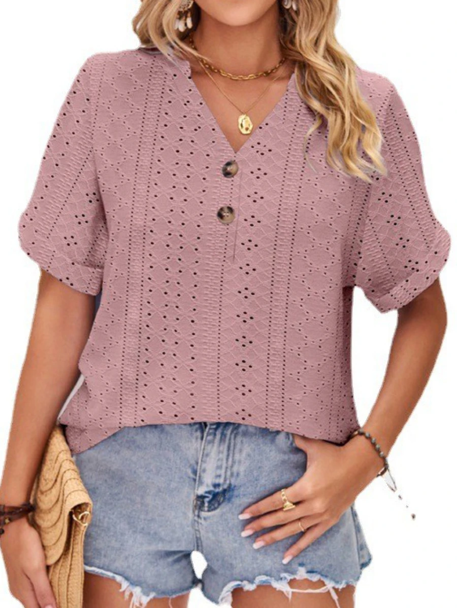 Loose casual knit shirt 2023 summer new strict selection quality V-neck rolled edge cut-out breathable short sleeved button top