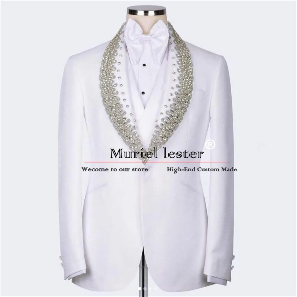 Luxury White Suits Men For Wedding Sliver Crystals Gem Stone Lapel Blazer Formal Business Groom Tuxedos Bespoke Traje De Hombre