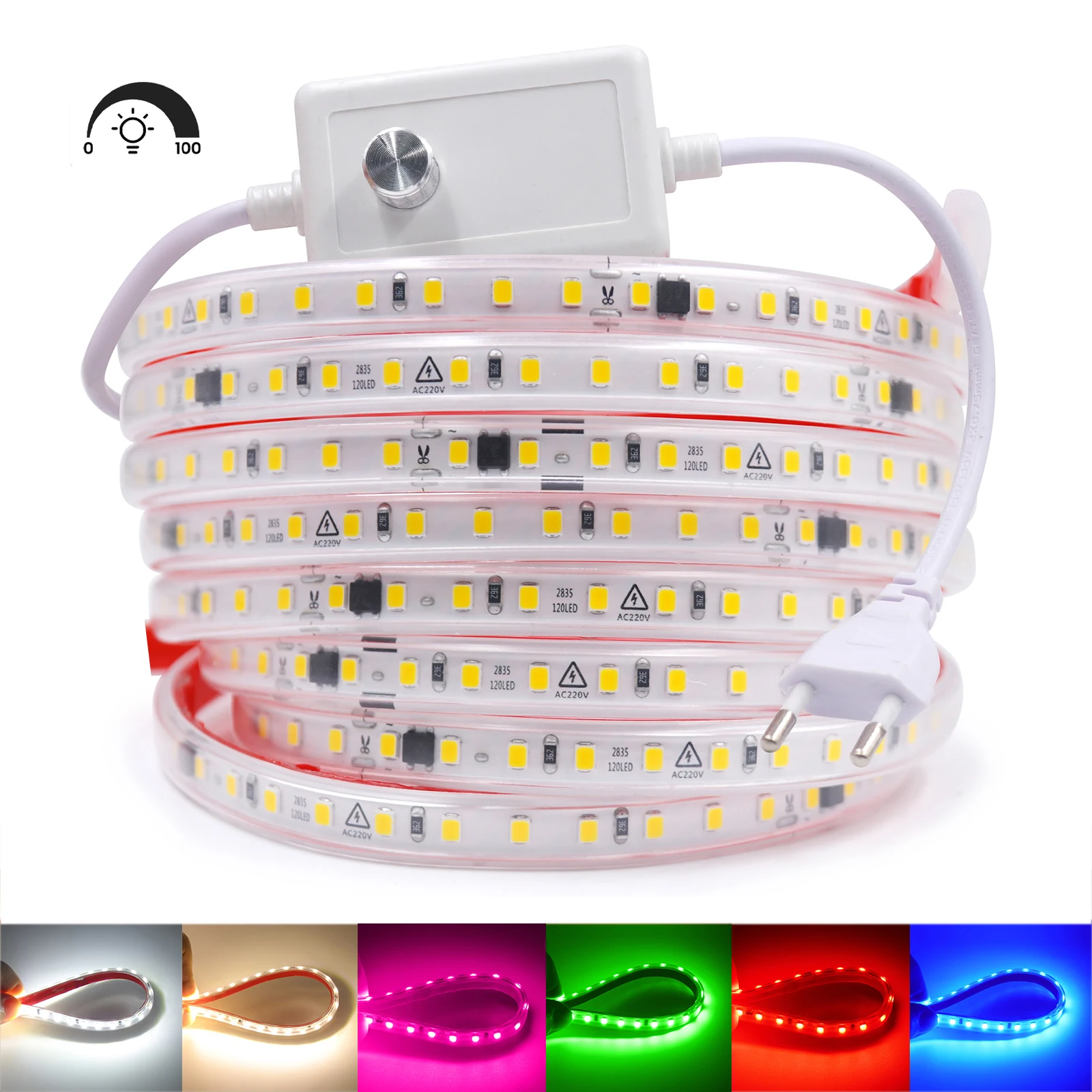 AC 220V Dimmerable LED Strip Waterproof 2835 White/Green/Red/Blue/Pink/Yellow Home Decor Self Adhesive Flex Ribbon Tape Light