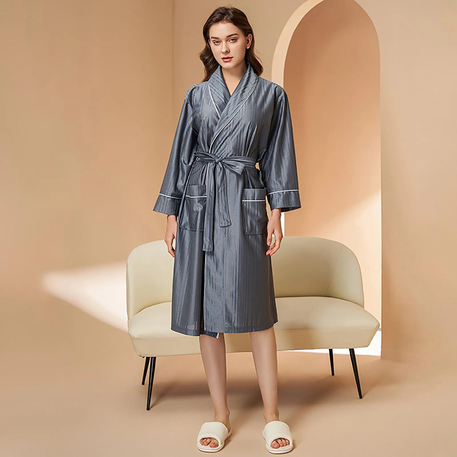 Women's Solid Color Spring And Autumn Elegant Casual Lightweight Bathrobe Loose Comfortable Medium Length Pajamas Robe