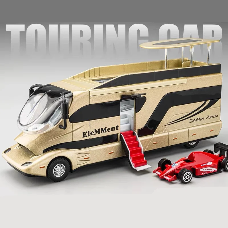 New Diecast Luxury RV Recreational Dining Car Model Metal Toy Camper Van Motorhome Touring Car Model Sound and Light Kids Gifts