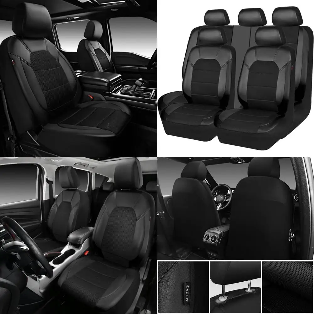 

Универсальные чехлы для автомобильных сидений из кожи и 3D-сетки, совместимые с седанами, грузовиками, внедорожниками, совместимые с подушками безопасности, на молнии, черные.