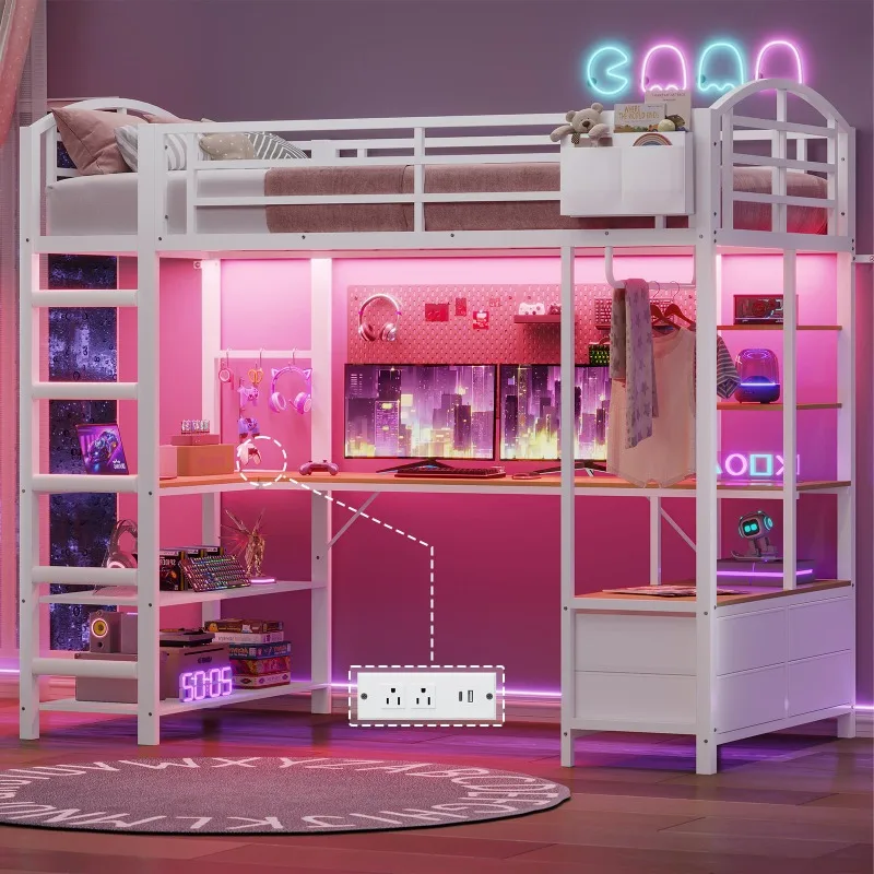 Twin Size Gaming Loft Bed with Desk, 4 Fabric Drawers, RGB LED Lights & Under-Bed Play Zone with Soft Padded 2-Step